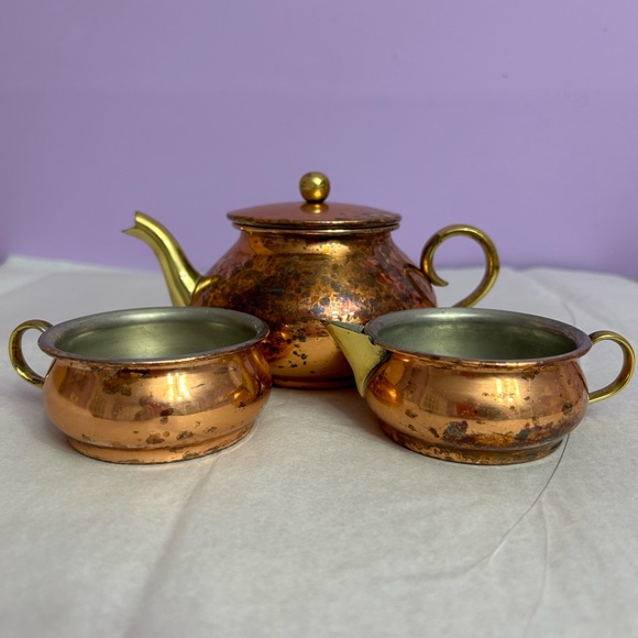 Vintage Tagus Portugal Stackable Copper/Brass Teapot Set with Creamer, Cup, Lid - Picture 1 of 11